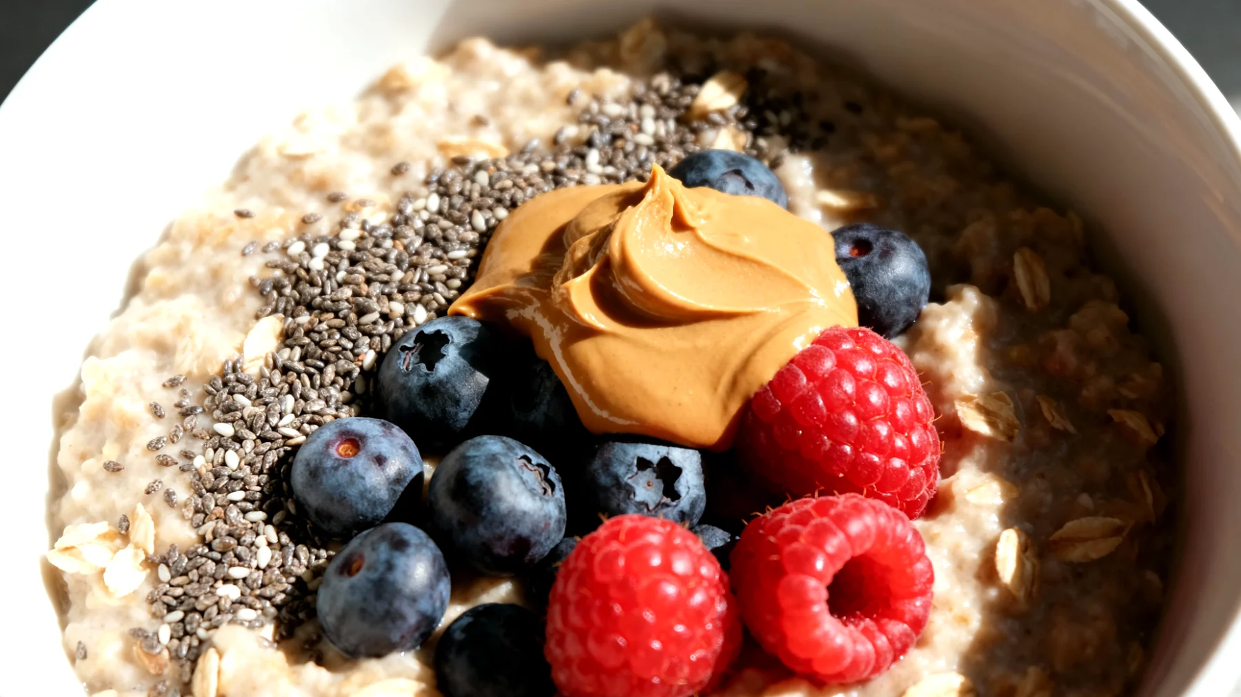 Porridge di avena con semi di chia, crema di mandorle e frutti di bosco"
