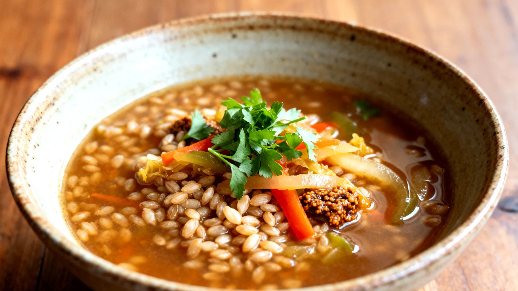 Zuppa di farro con verdure fermentate e miso"