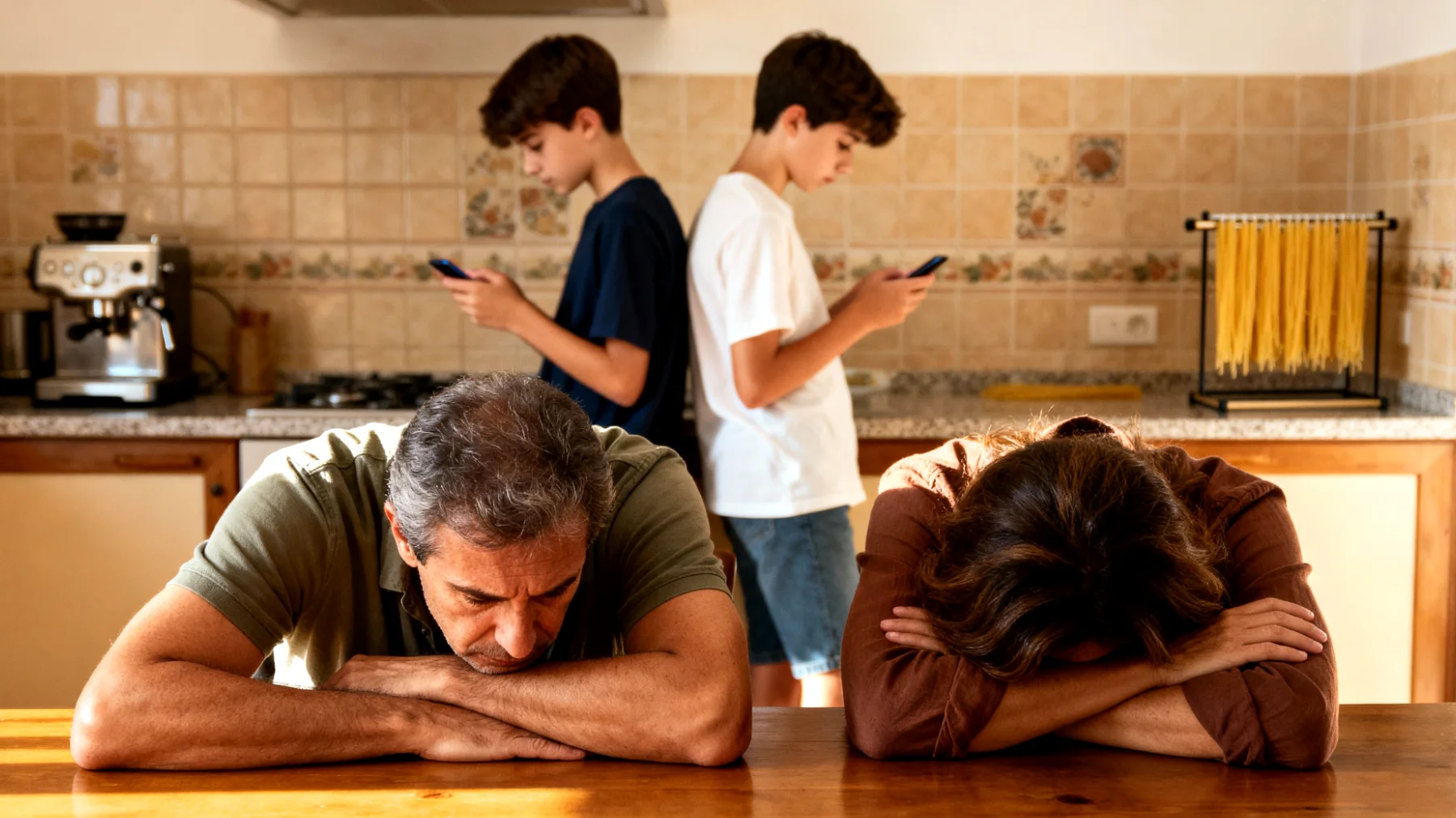 Genitori esausti che faticano a mantenere un rapporto educativo equilibrato con figli adolescenti a causa della stanchezza cronica e della mancanza di tempo, con conseguente senso di inadeguatezza e distanza emotiva crescente"