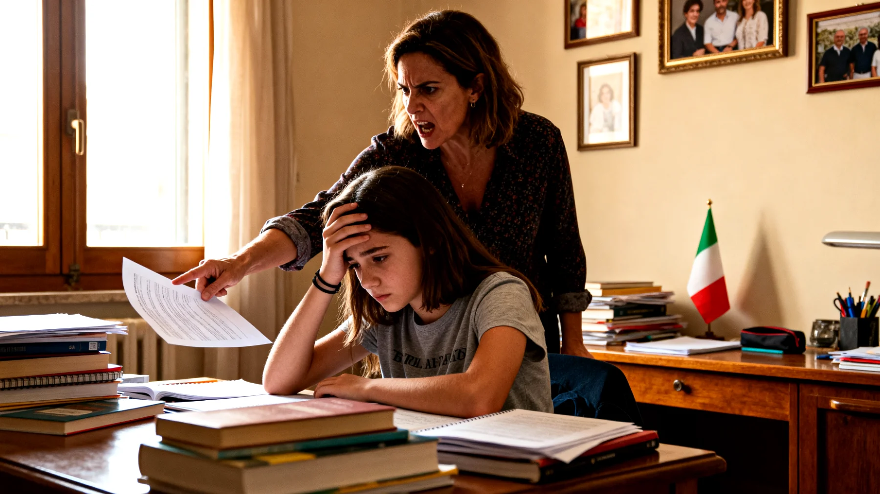 Una mamma che esercita pressioni eccessive sulla figlia adolescente riguardo ai risultati scolastici, alle performance sportive e alle aspettative di successo, creando un clima di ansia e tensione che danneggia la loro relazione e il benessere emotivo della ragazza"