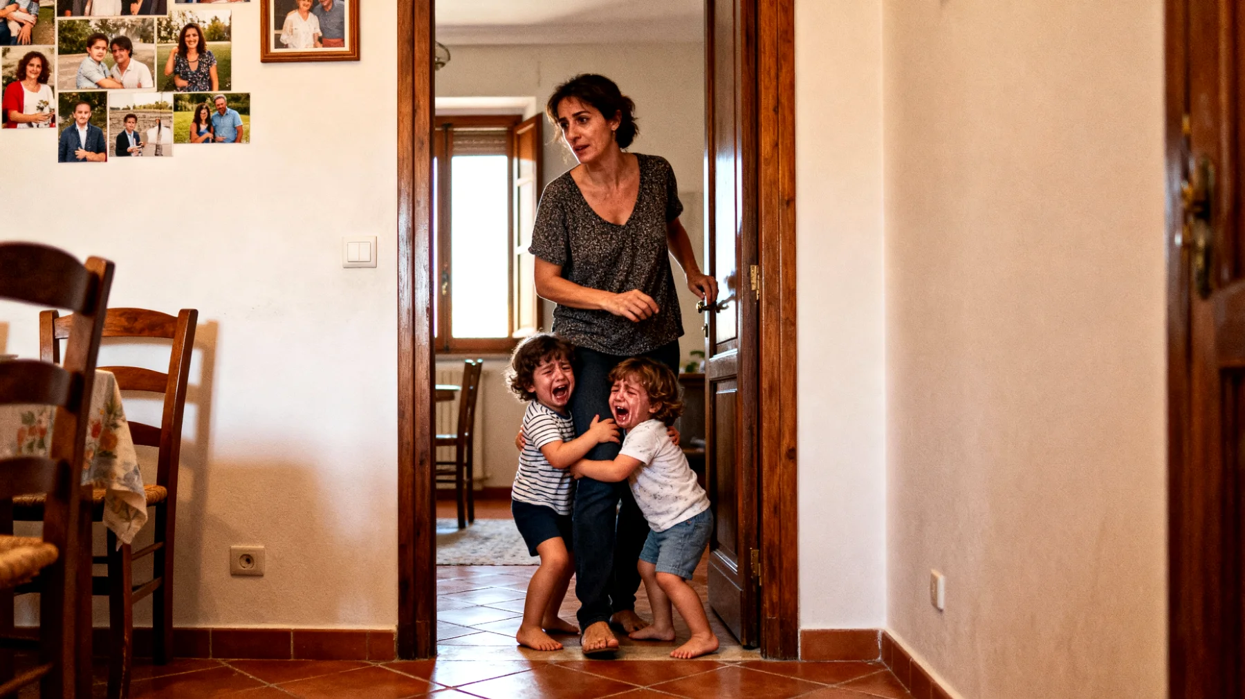 Mamma con bambini piccoli che mostrano eccessiva dipendenza emotiva e difficoltà a separarsi da lei, con pianti disperati quando deve allontanarsi anche per brevi periodi, interferendo con le normali attività quotidiane e creando stress per entrambi"