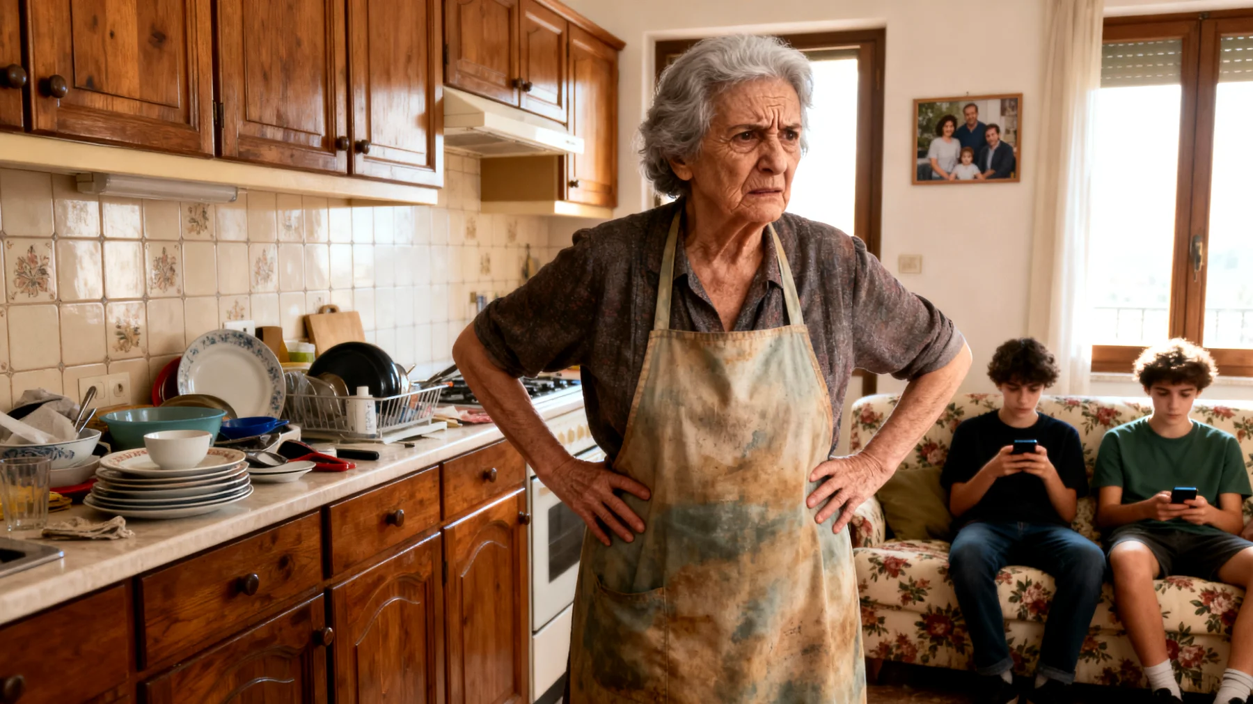 Nonna con nipoti adolescenti che mostrano scarsa collaborazione nelle attività quotidiane e rifiutano di aiutare in casa"