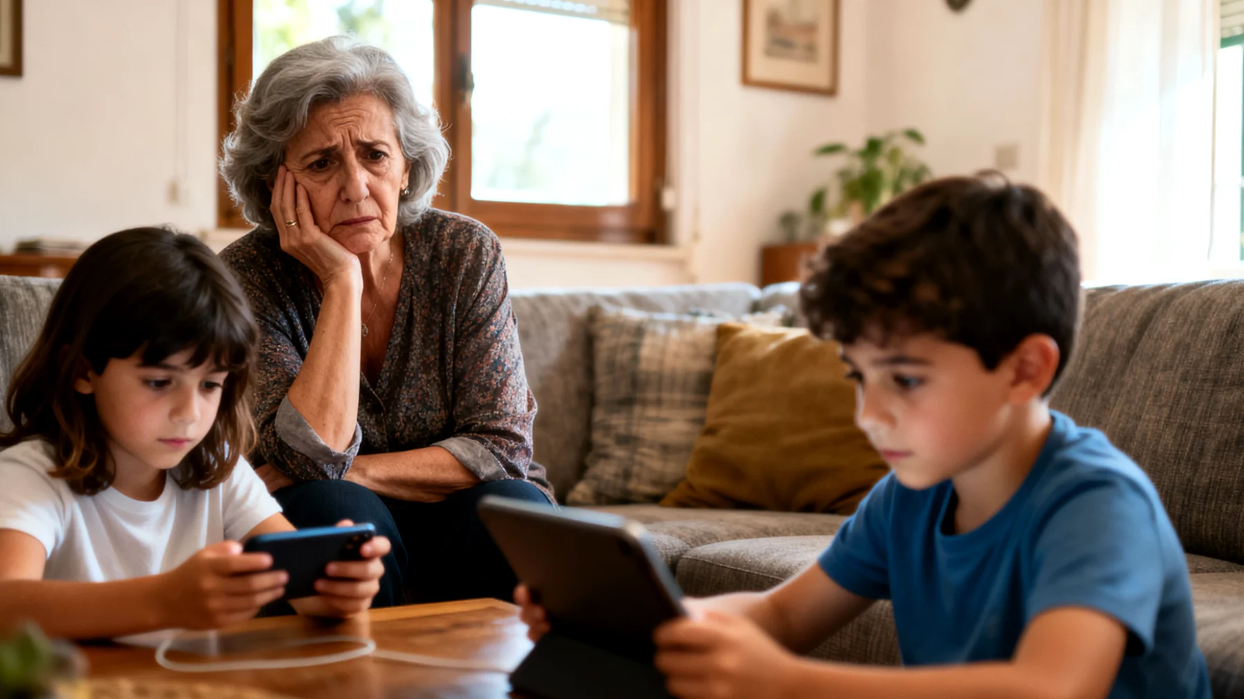 Nonna preoccupata perché i nipoti bambini utilizzano social network e app in modo non sicuro, condividendo informazioni personali, foto e interagendo con sconosciuti senza supervisione adeguata"