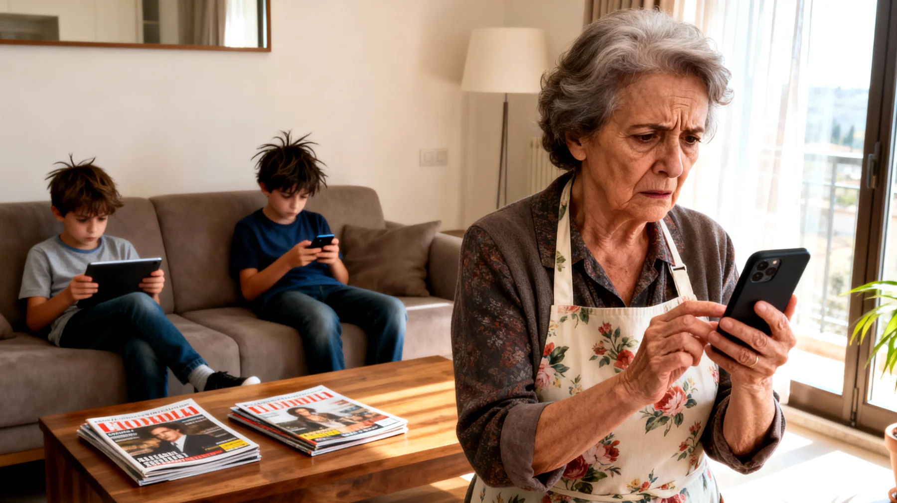 Nonna preoccupata perché i nipoti bambini utilizzano i social media in modo scorretto e potenzialmente rischioso, con difficoltà a monitorare contenuti inappropriati, interazioni con sconosciuti e condivisione eccessiva di informazioni personali"