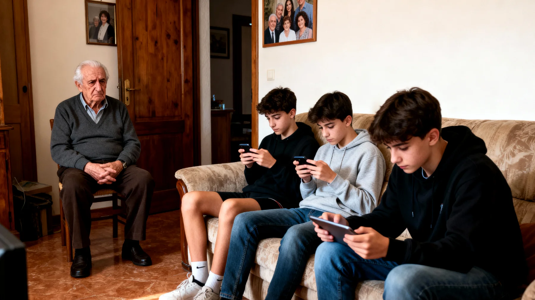 Il nonno fatica a gestire il rapporto con i nipoti adolescenti che passano troppo tempo sui dispositivi digitali, creando distanza emotiva e rendendo difficile la comunicazione intergenerazionale"