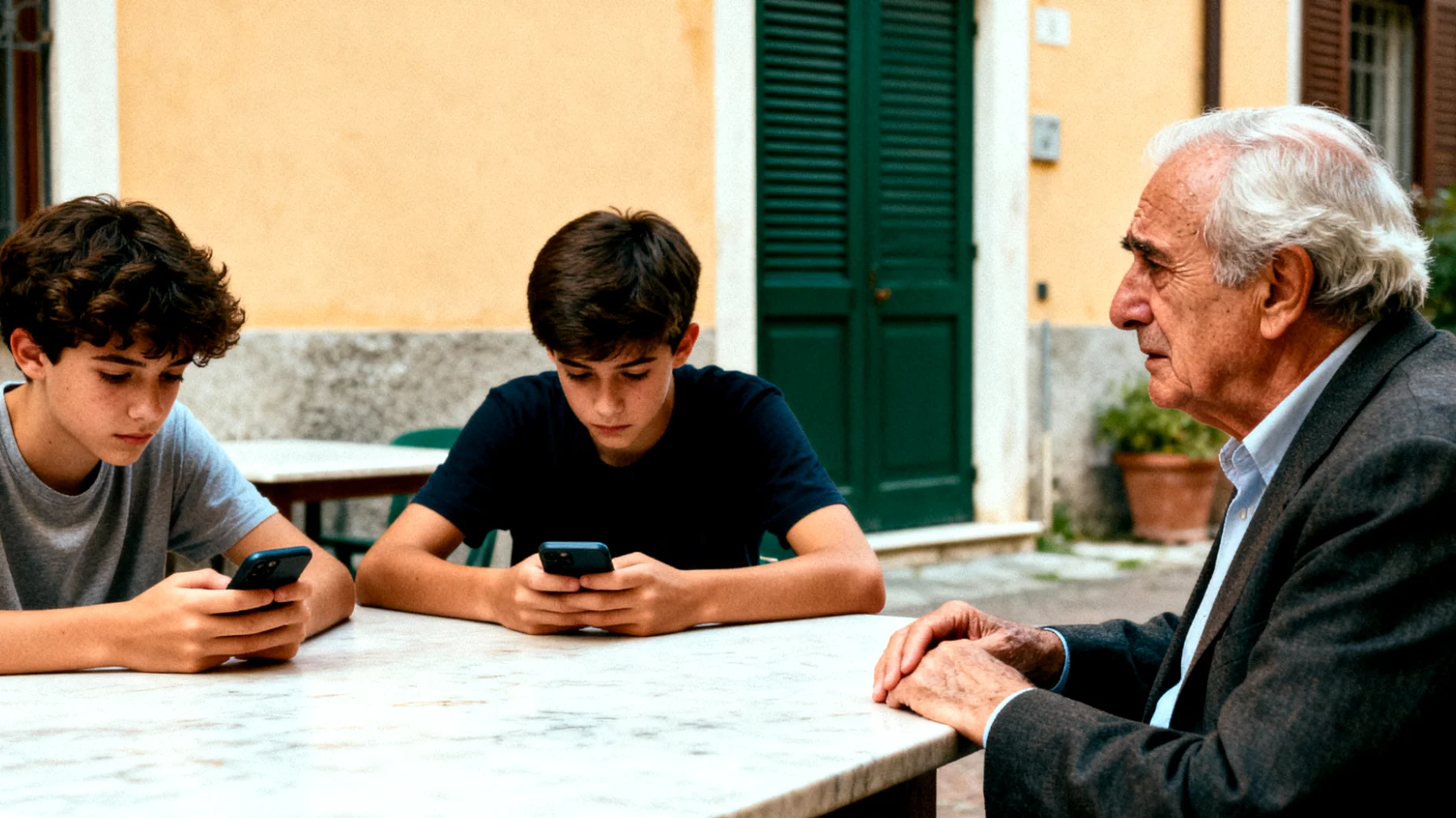 Il nonno fatica a instaurare un dialogo affettivo profondo con i nipoti adolescenti, che sembrano chiusi e distanti, limitando la conversazione a monosillabi e impedendo la trasmissione di valori, esperienze di vita e il mantenimento di un legame emotivo significativo"