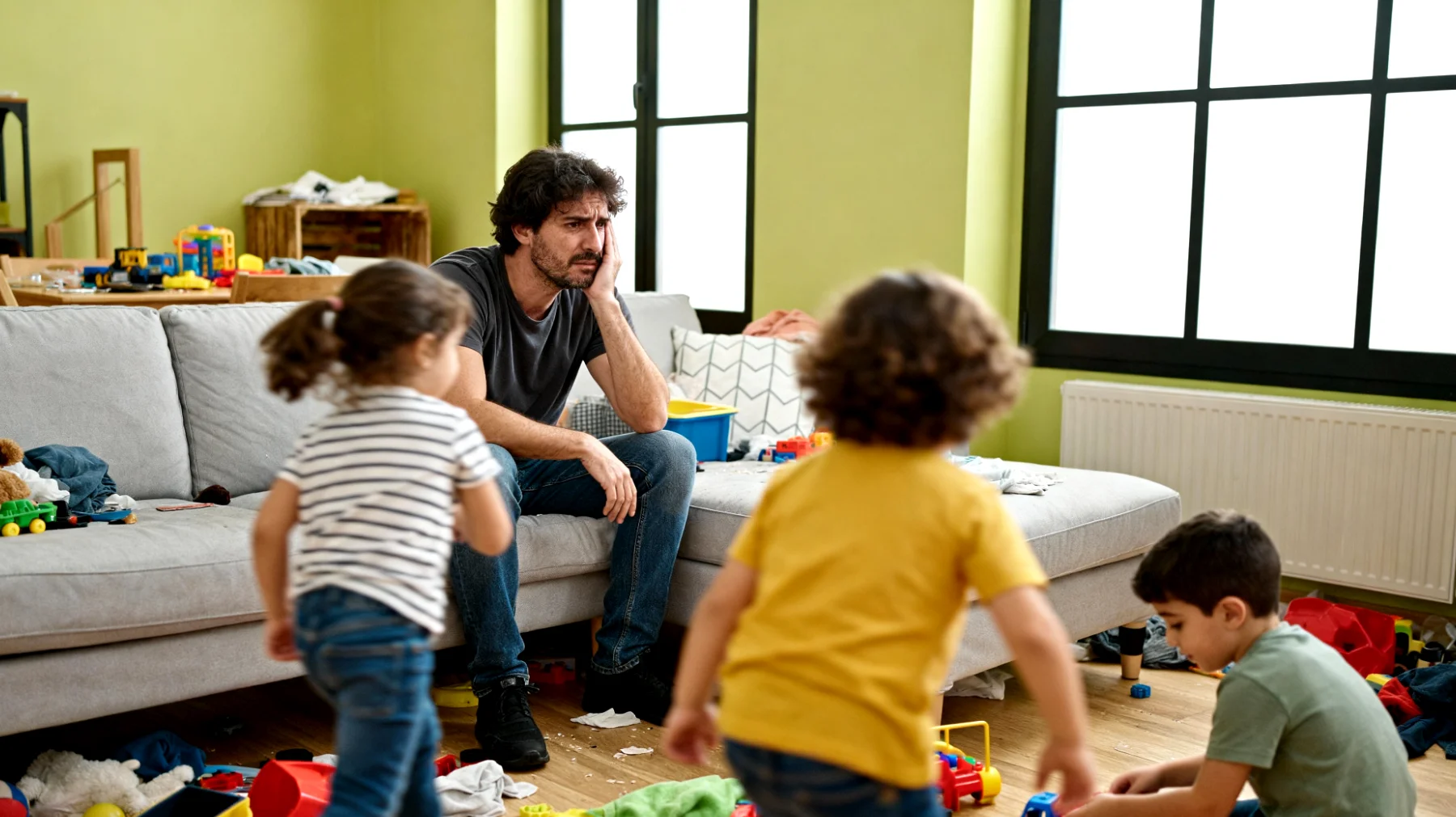 Un papà che fatica a stabilire regole chiare e coerenti con i suoi bambini per timore di perdere il loro affetto o di essere visto come autoritario, creando confusione nei piccoli e rendendo difficile la gestione dei comportamenti quotidiani"