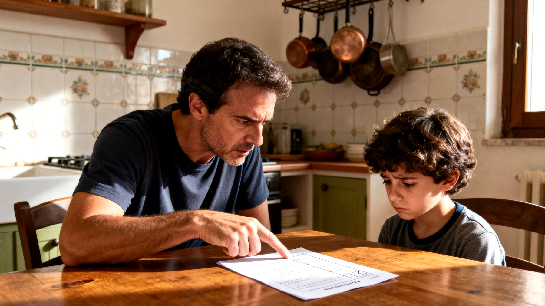 Un papà che esercita pressioni eccessive sui propri bambini riguardo a performance scolastiche, sportive o aspettative di comportamento, rischiando di compromettere la spontaneità e la serenità del rapporto, generando ansia da prestazione e paura di deludere"