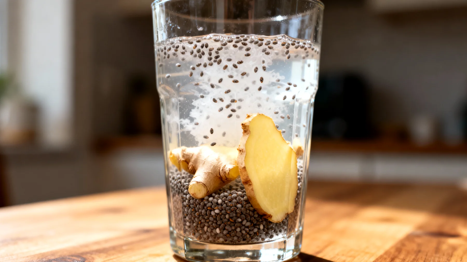 Kefir d'acqua con semi di chia e zenzero fresco"