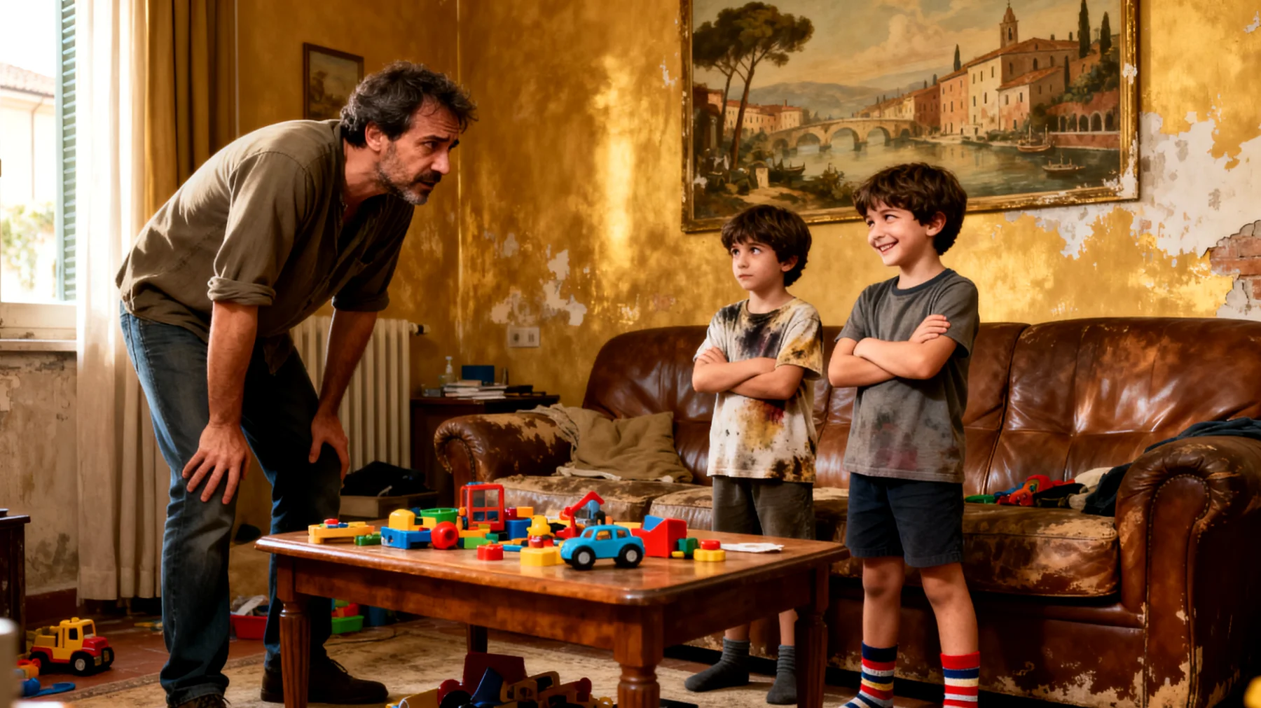 Papà che fatica a stabilire e far rispettare regole e limiti educativi con bambini piccoli, creando tensioni e comportamenti oppositivi"